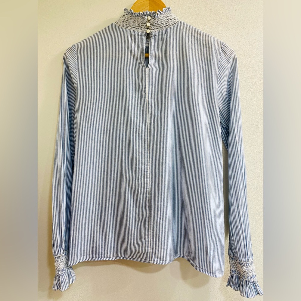 Sezane Blue and White Pinstripe Smocked Neck Blouse - Picture 9 of 9